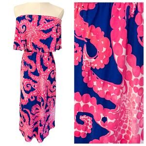 Lilly Pulitzer Strapless Mocean Octopus Long Dress Sz. Small Pink Navy
